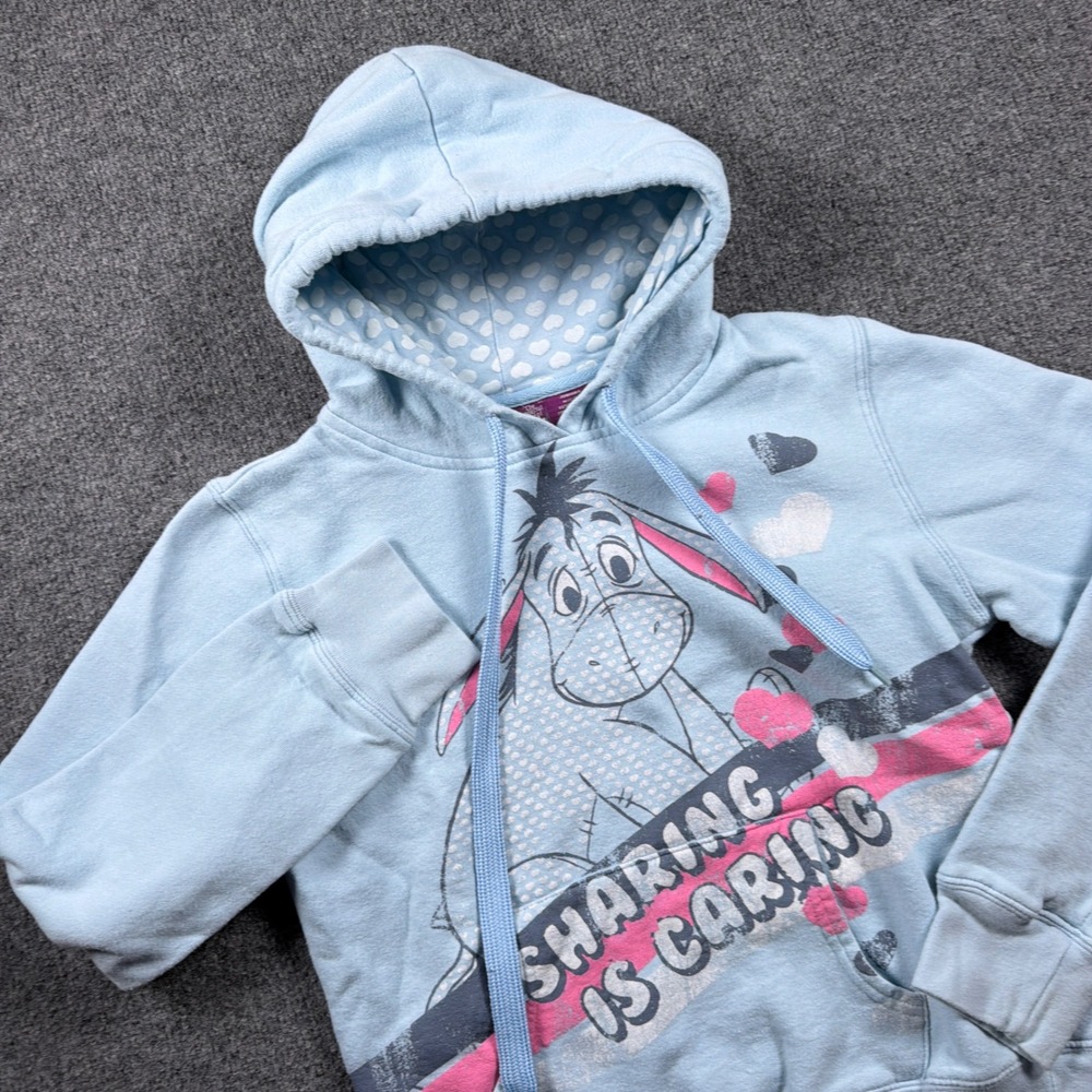 Vintage Disney Eeyore Hoodie Juniors Medium 7/9 Blue Sharing is Caring Graphic - Picture 1 of 11